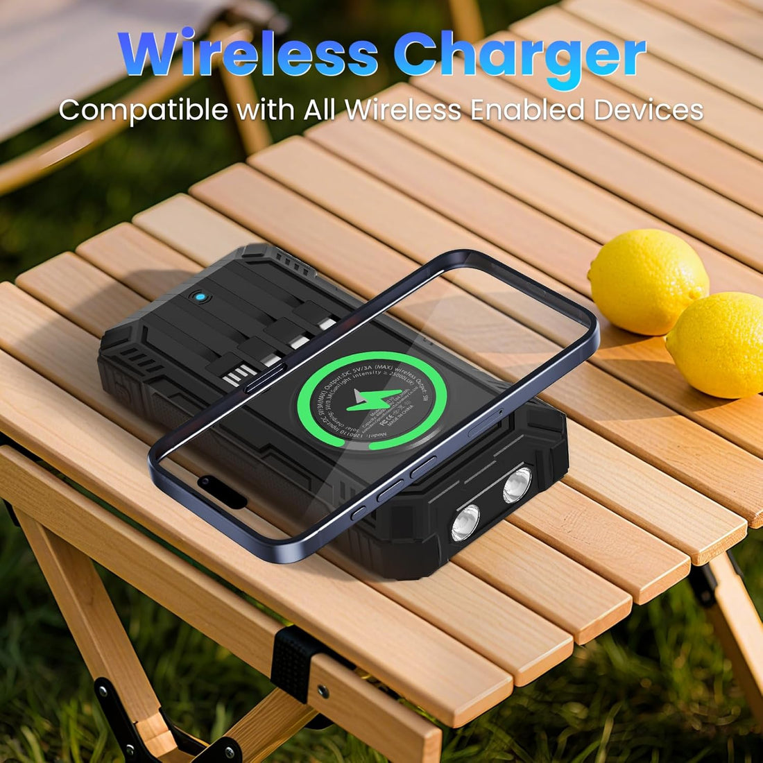 Unleash Adventure with the Solar Power Bank 49800mAh - The Ultimate Wireless Portable Charger Featuring 15W Fast Charging and 4 Built-In Cables for All Your Outdoor Needs!
