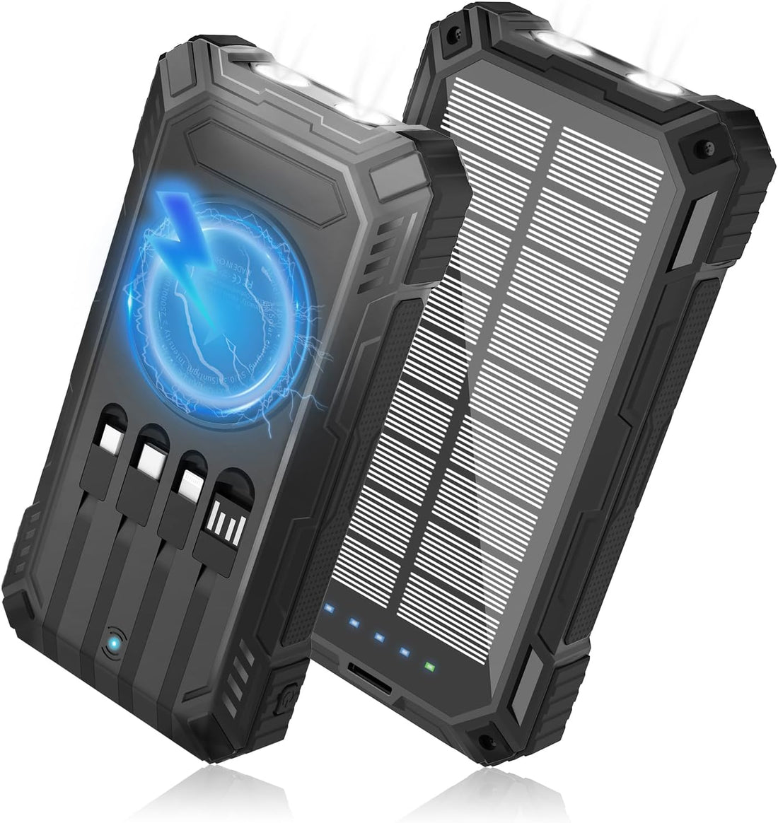 Unleash Adventure with the Solar Power Bank 49800mAh - The Ultimate Wireless Portable Charger Featuring 15W Fast Charging and 4 Built-In Cables for All Your Outdoor Needs!