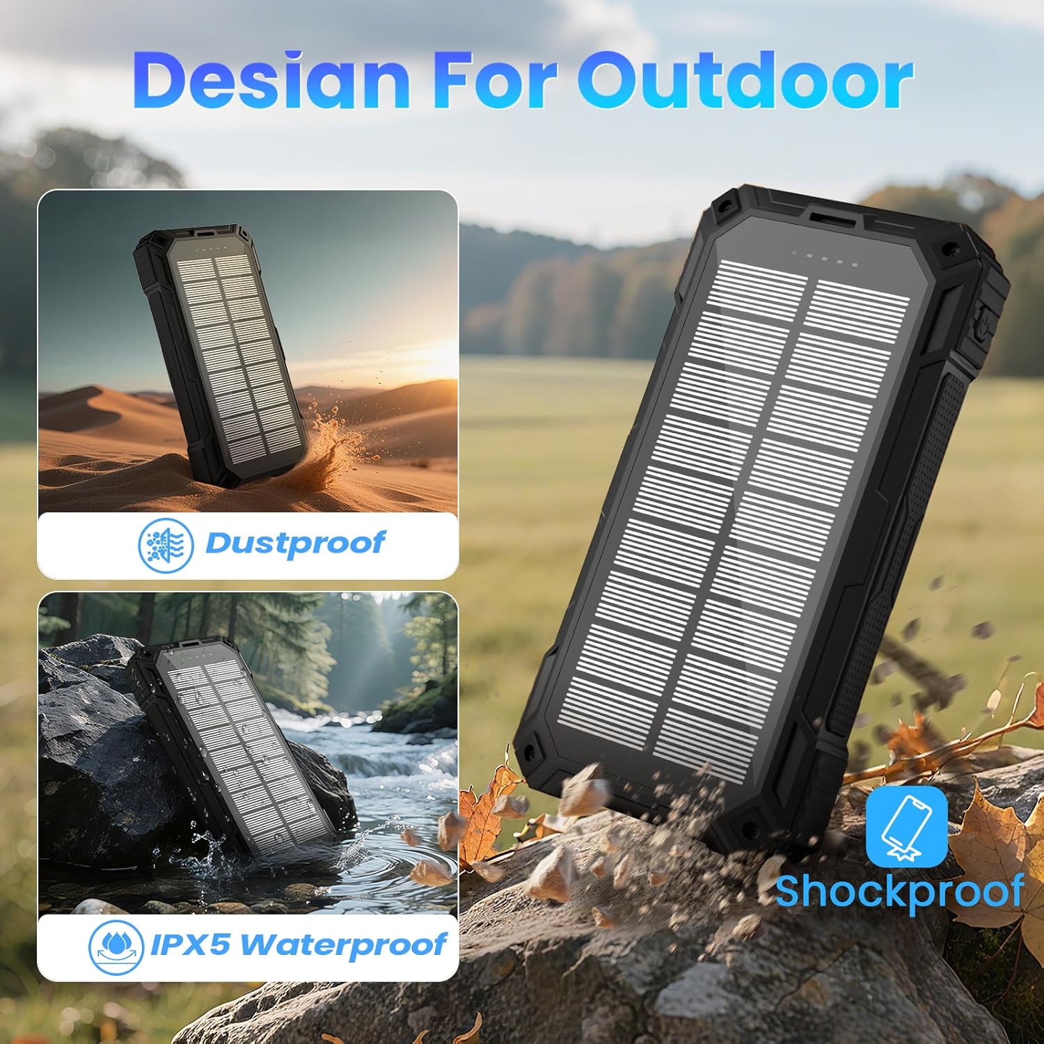 Unleash Adventure with the Solar Power Bank 49800mAh - The Ultimate Wireless Portable Charger Featuring 15W Fast Charging and 4 Built-In Cables for All Your Outdoor Needs!