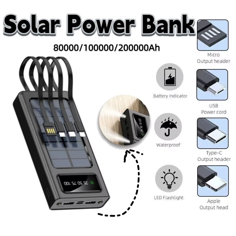 200000Mah Solar Power Bank Ultra Capacity USB Super Fast Charging USB for Iphone Samsung Xiaomi Huawei Outdoor Power
